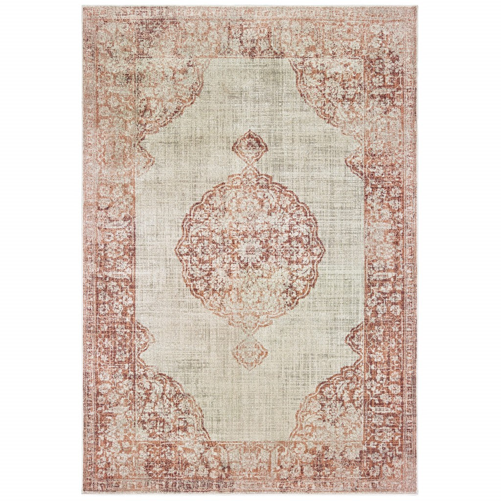 5' X 8' Ivory And Pink Medallion Area Rug