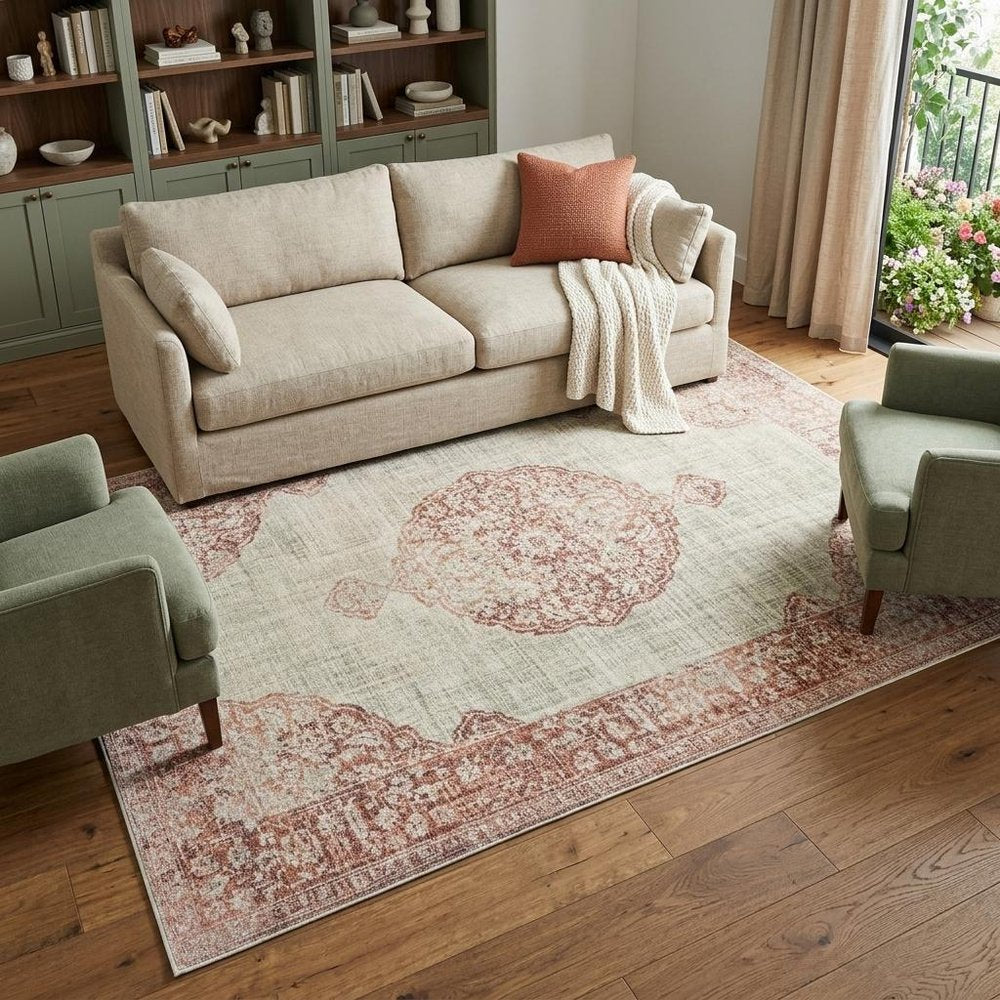 10' X 13' Ivory And Pink Medallion Area Rug