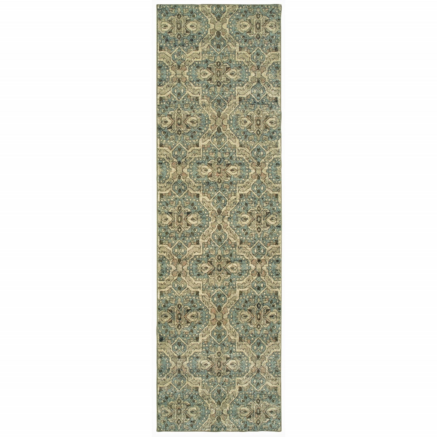 2' X 8' Ivory And Blue Geometric Runner Rug