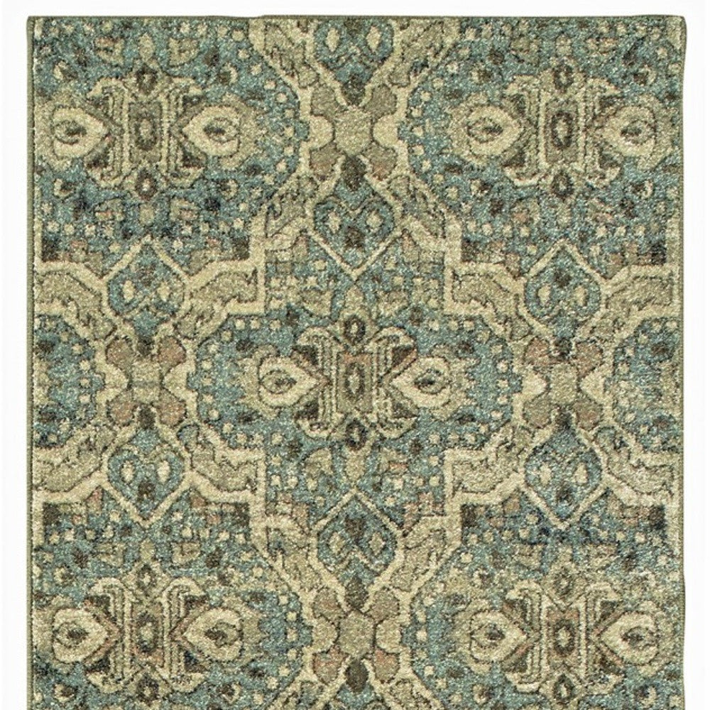 2' X 8' Ivory And Blue Geometric Runner Rug