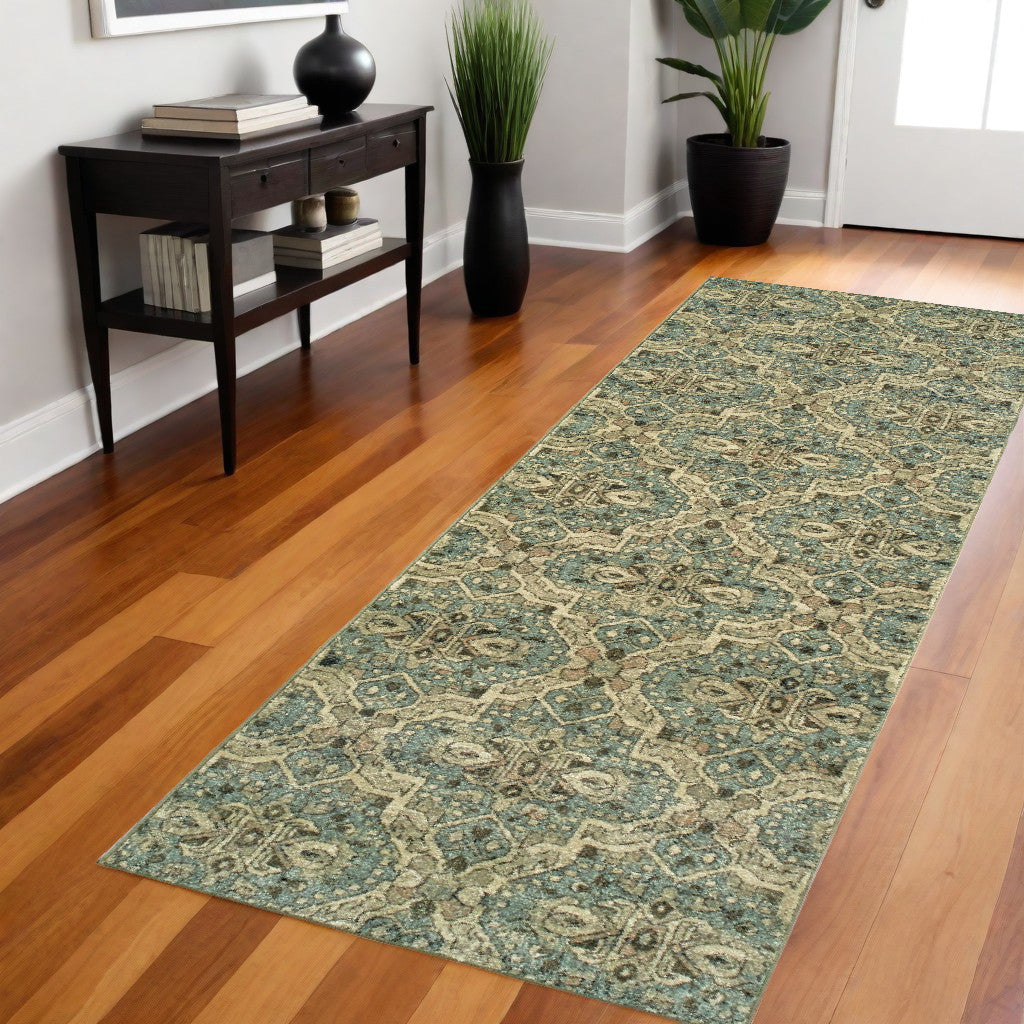 5' X 8' Ivory And Blue Geometric Area Rug