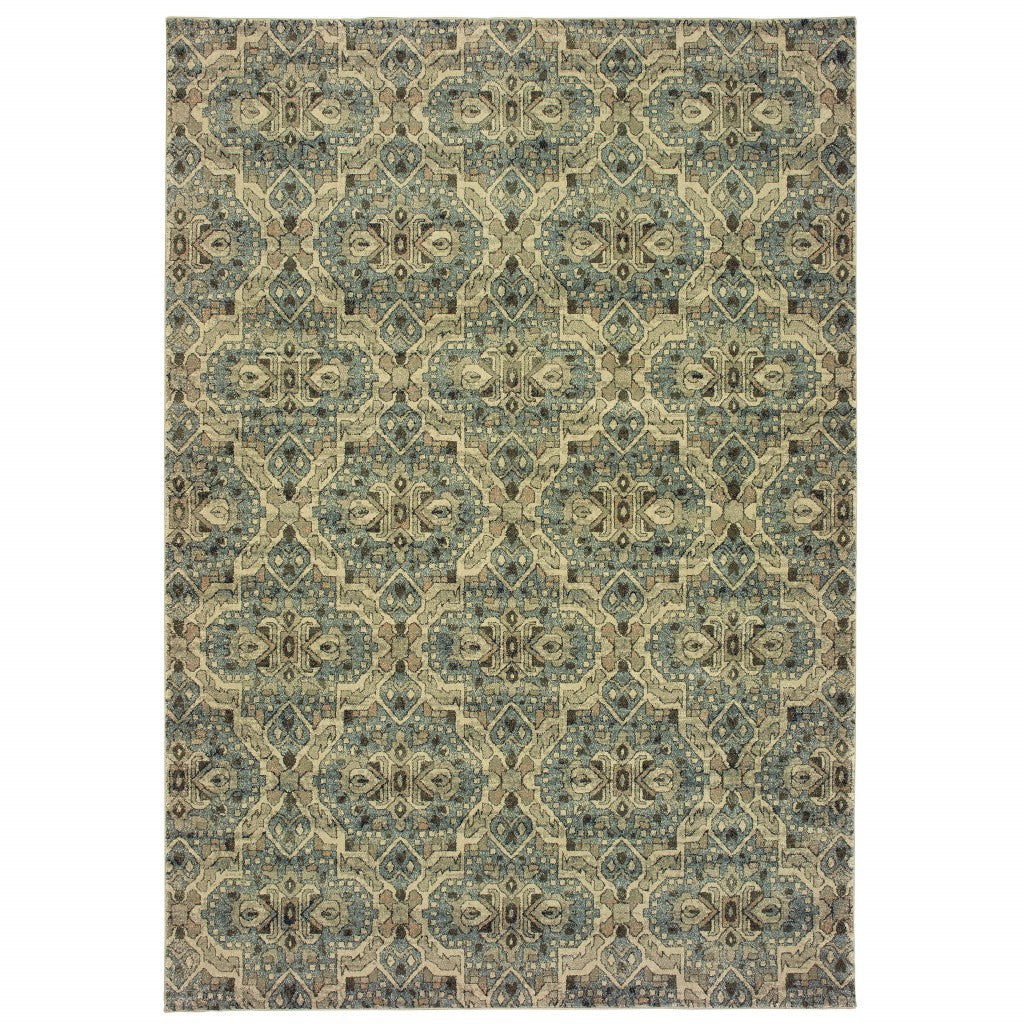 2' X 8' Ivory And Blue Geometric Runner Rug