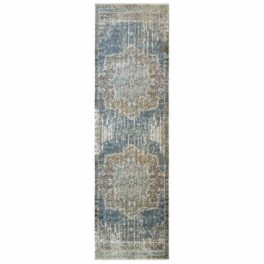 7' X 10' Blue And Ivory Medallion Area Rug