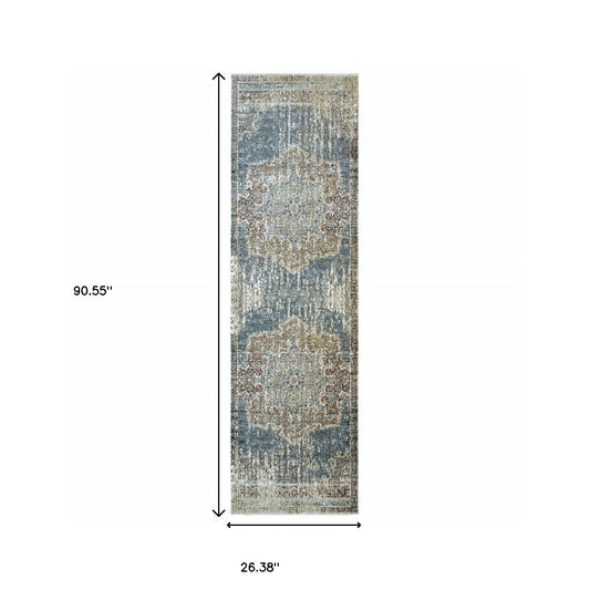 4' X 6' Blue And Ivory Medallion Area Rug