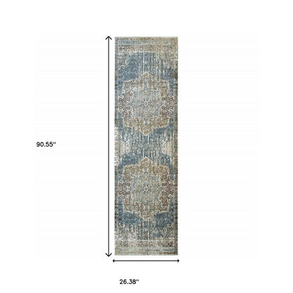 10' X 13' Blue And Ivory Medallion Area Rug