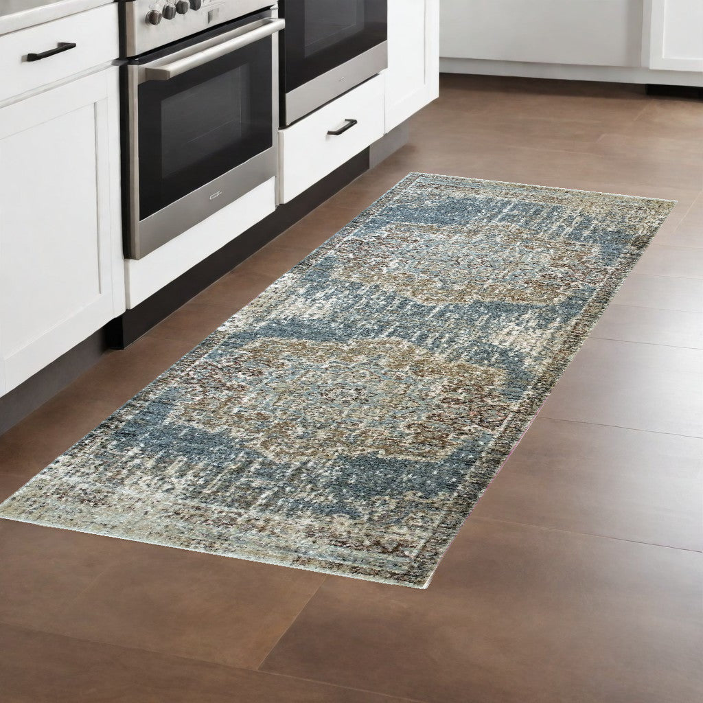 5' X 8' Blue And Ivory Medallion Area Rug