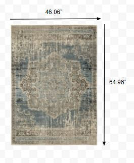 5' X 8' Blue And Ivory Medallion Area Rug