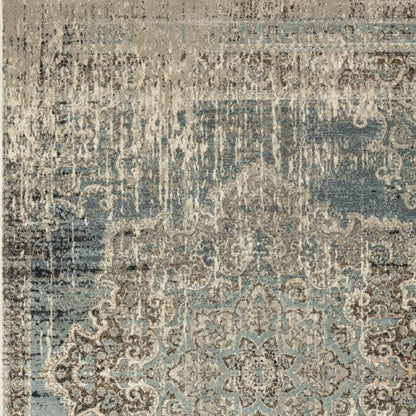 10' X 13' Blue And Ivory Medallion Area Rug