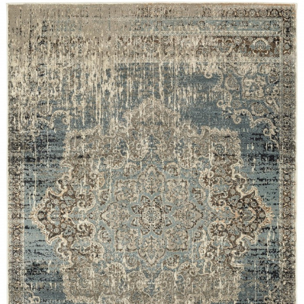 7' X 10' Blue And Ivory Medallion Area Rug