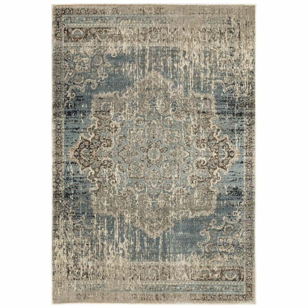 10' X 13' Blue And Ivory Medallion Area Rug
