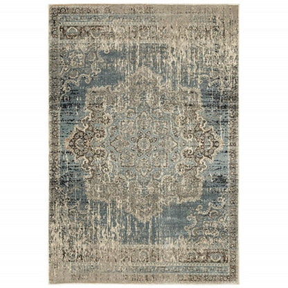 10' X 13' Blue And Ivory Medallion Area Rug