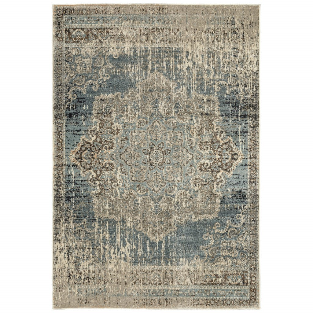 7' X 10' Blue And Ivory Medallion Area Rug