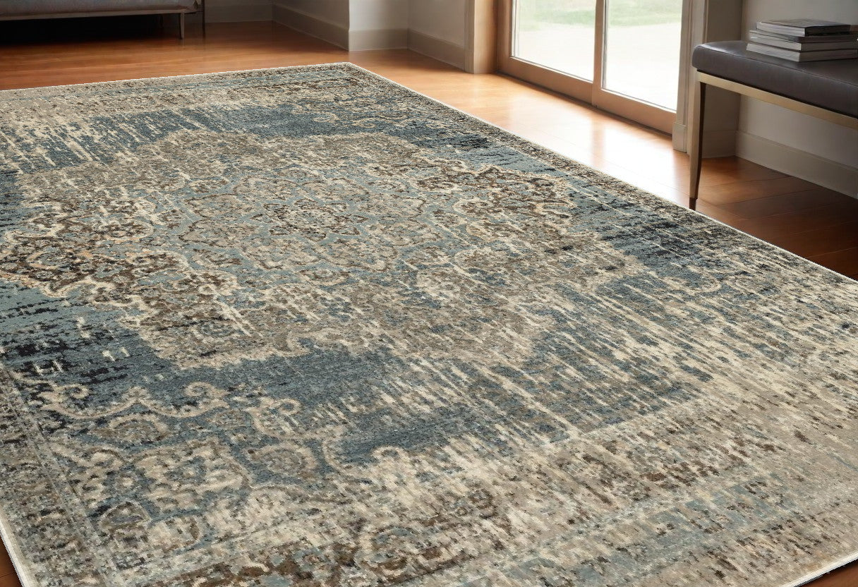 7' X 10' Blue And Ivory Medallion Area Rug