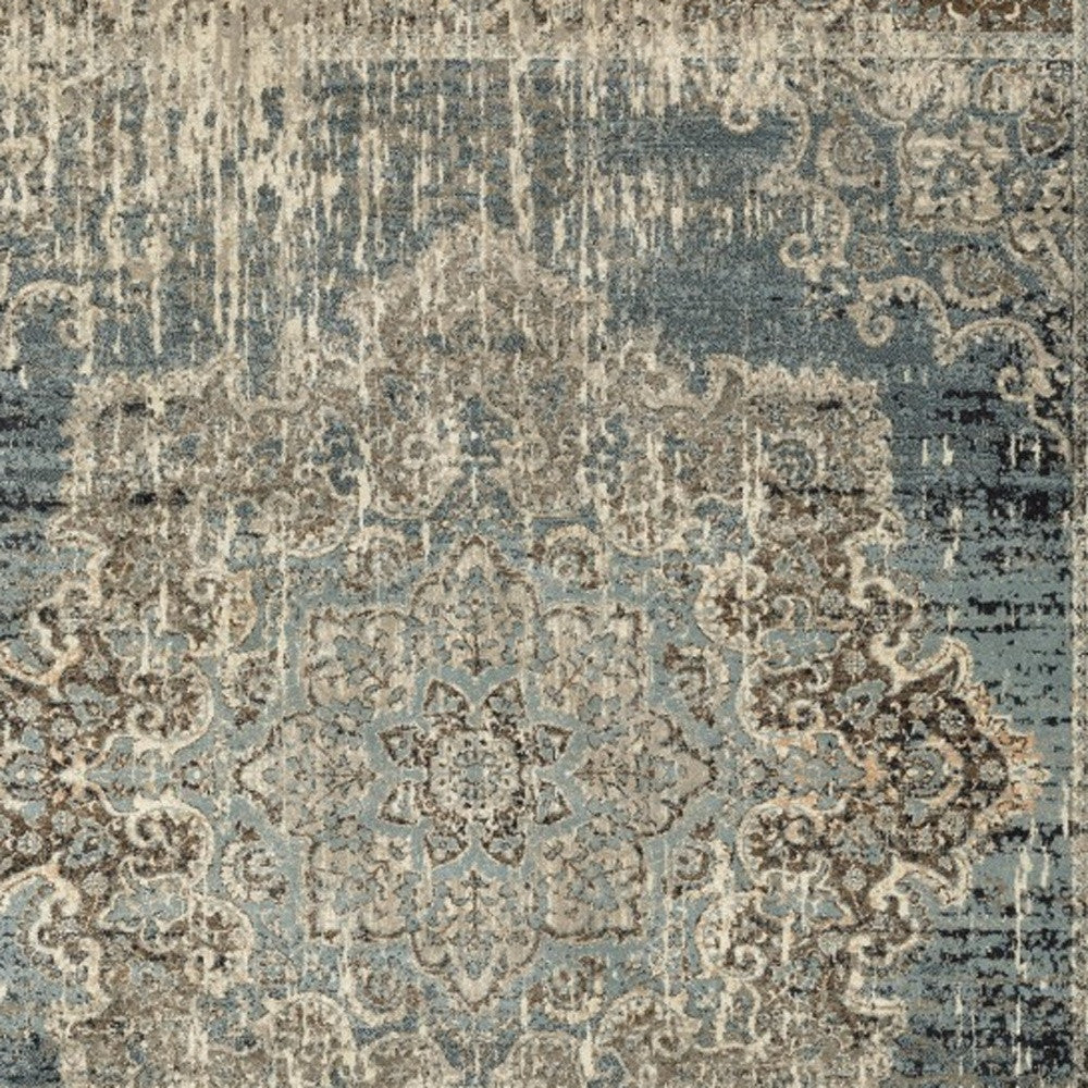 7' X 10' Blue And Ivory Medallion Area Rug