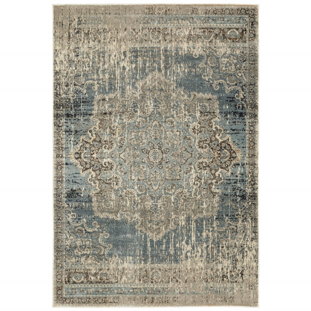 7' X 10' Blue And Ivory Medallion Area Rug