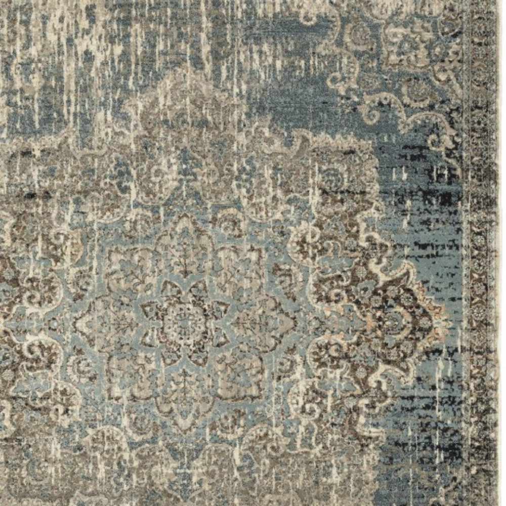 7' X 10' Blue And Ivory Medallion Area Rug