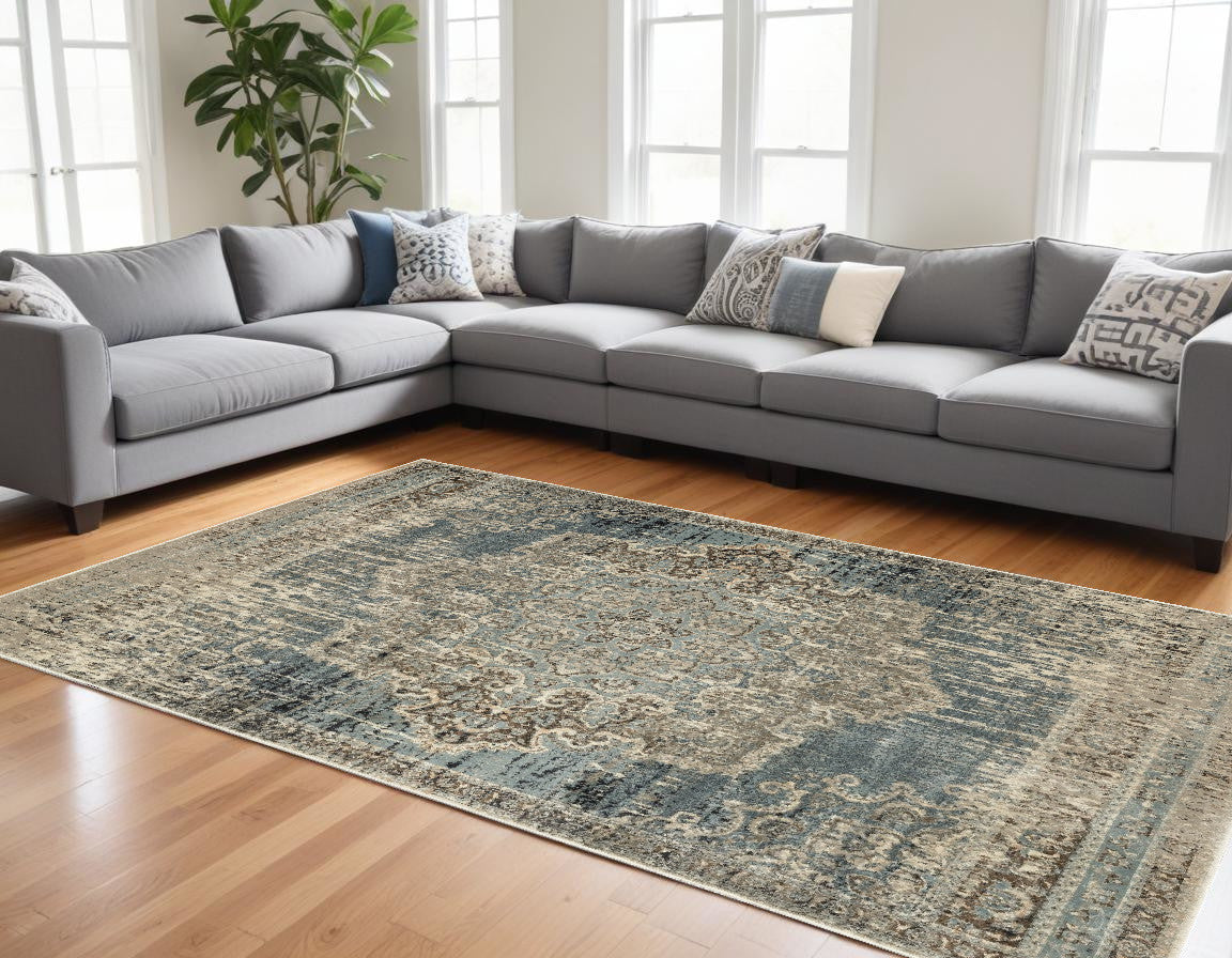 7' X 10' Blue And Ivory Medallion Area Rug