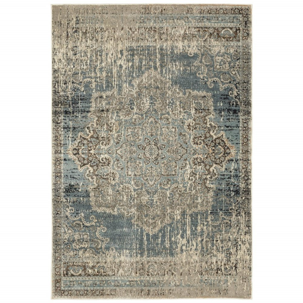 10' X 13' Blue And Ivory Medallion Area Rug