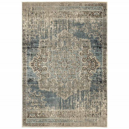 10' X 13' Blue And Ivory Medallion Area Rug