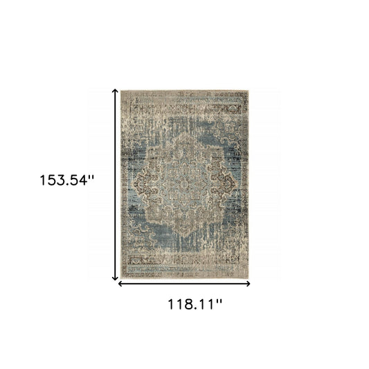 8' X 11' Blue And Ivory Medallion Area Rug