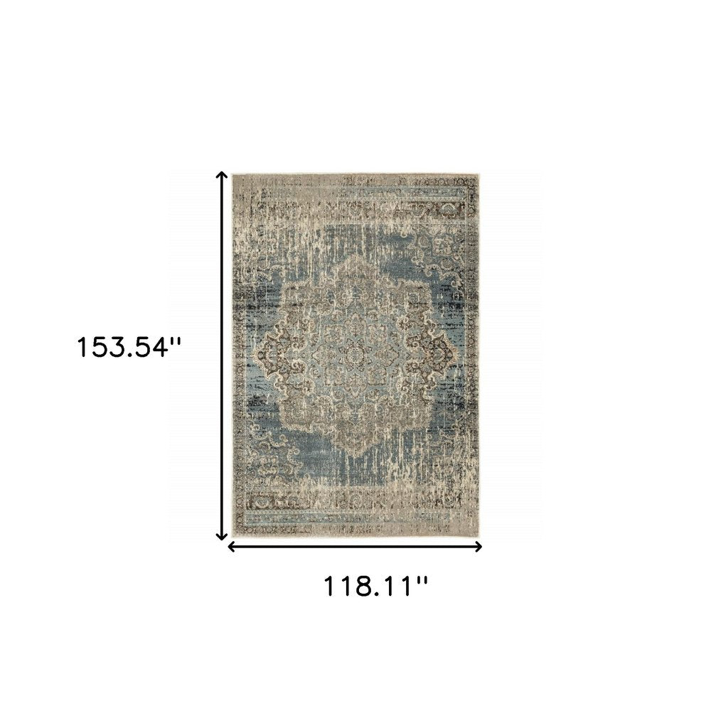 10' X 13' Blue And Ivory Medallion Area Rug