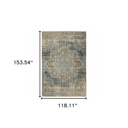 10' X 13' Blue And Ivory Medallion Area Rug