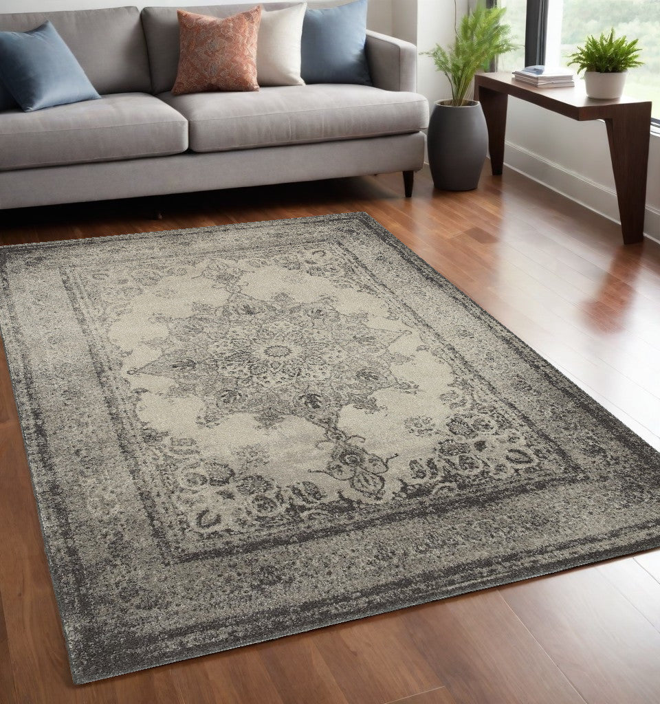 4' X 6' Ivory And Gray Pale Medallion Area Rug