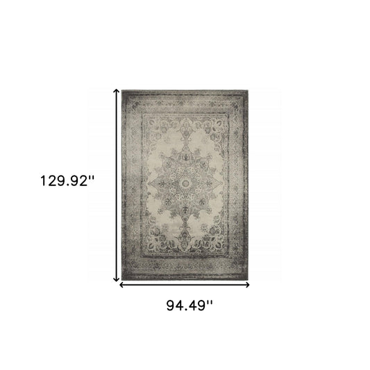 8’ Round Ivory And Gray Pale Medallion Area Rug