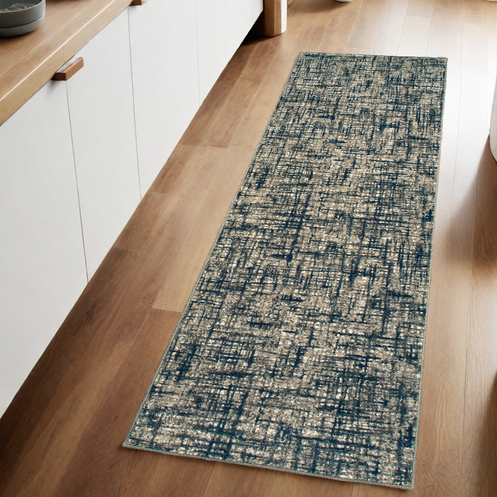 2' X 8' Gray And Navy Abstract Runner Rug