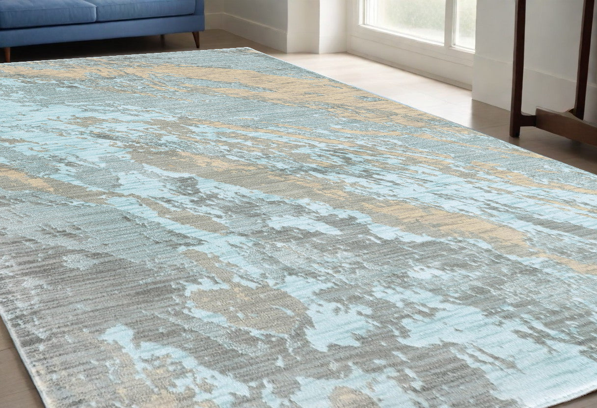 8' Round Blue And Gray Abstract Impasto Area Rug