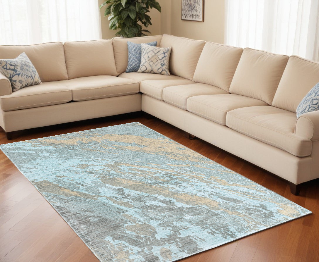 8' Round Blue And Gray Abstract Impasto Area Rug