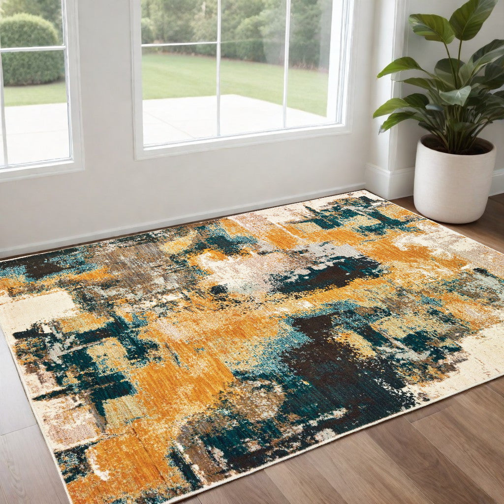 10' X 13' Blue And Gold Abstract Strokes Area Rug