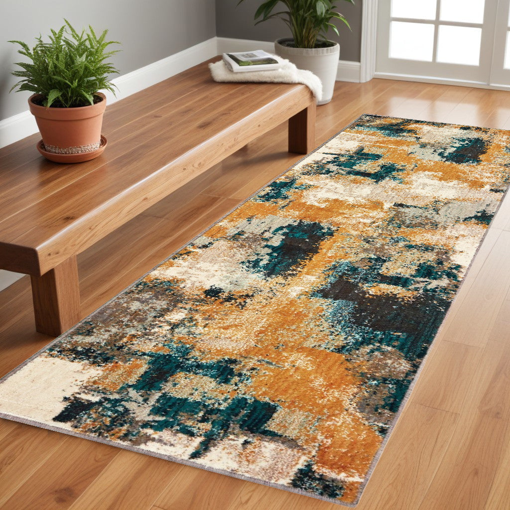 10' X 13' Blue And Gold Abstract Strokes Area Rug