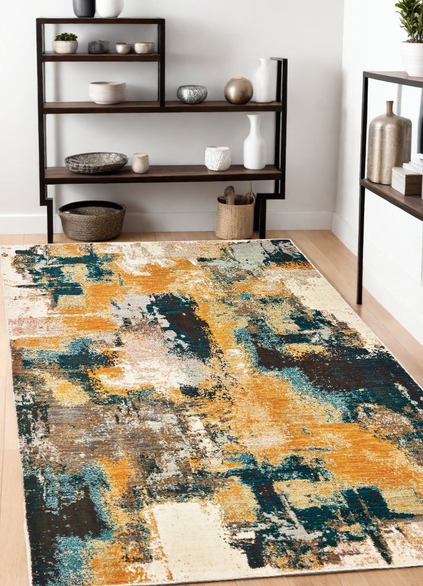 10' X 13' Blue And Gold Abstract Strokes Area Rug