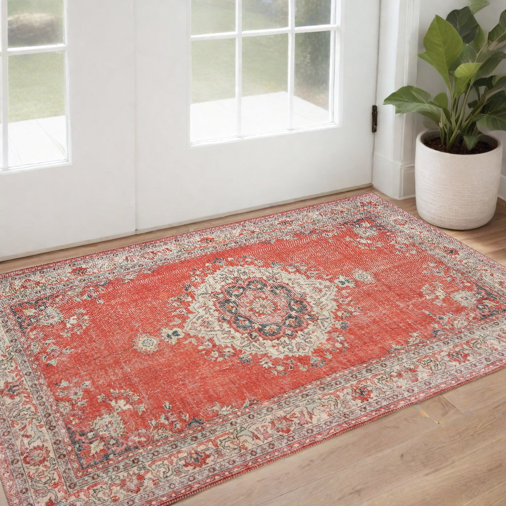 5' X 8' Red And Gray Oriental Area Rug