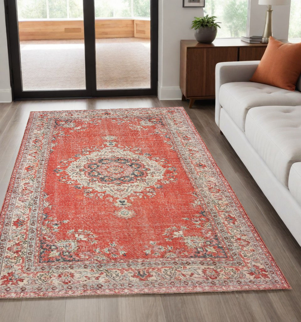 5' X 8' Red And Gray Oriental Area Rug