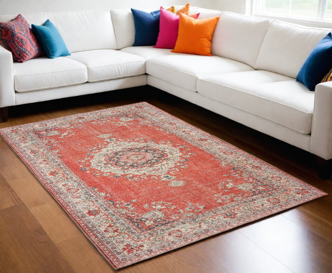 5' X 8' Red And Gray Oriental Area Rug