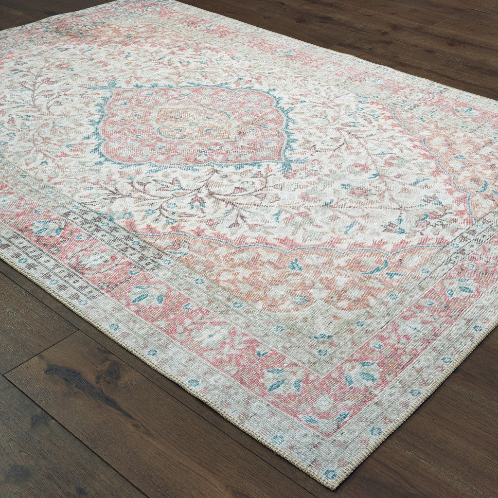 5' X 8' Ivory And Pink Oriental Area Rug