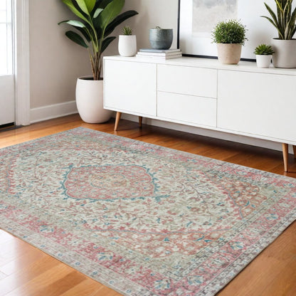 8' X 10' Ivory And Pink Oriental Area Rug