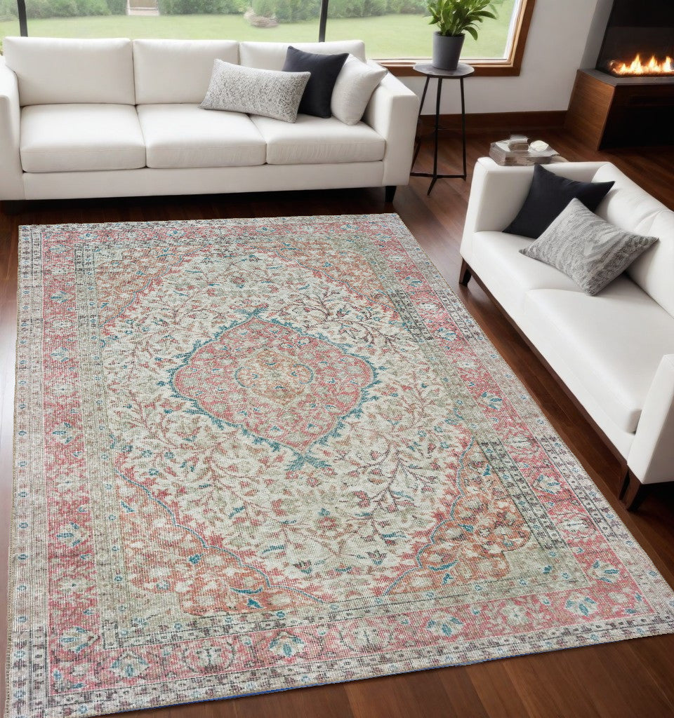 8' X 10' Ivory And Pink Oriental Area Rug