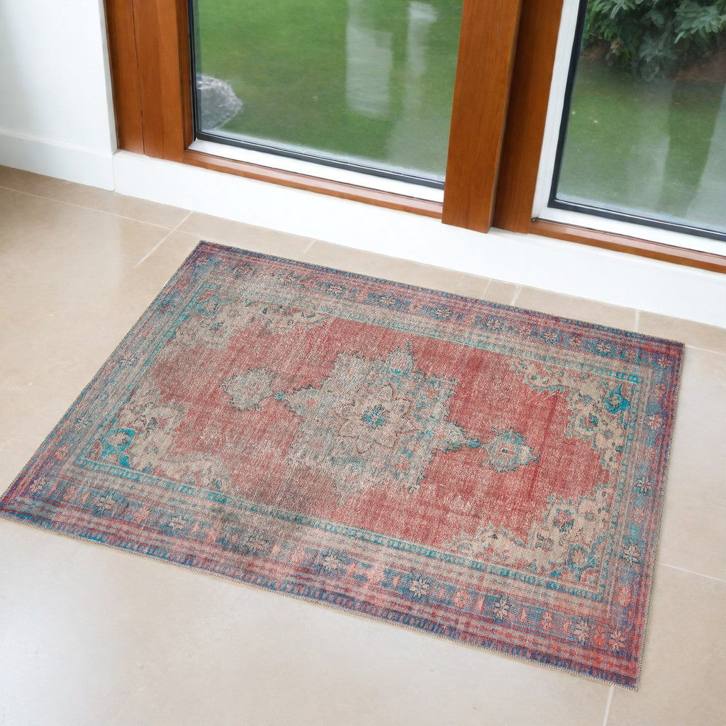 5' X 8' Red And Blue Oriental Area Rug