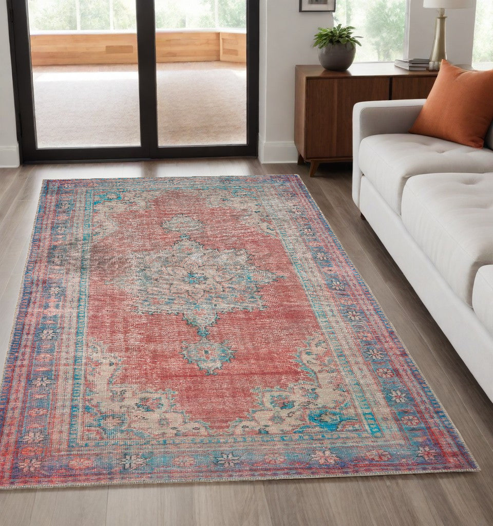 4' X 6' Red And Blue Oriental Area Rug