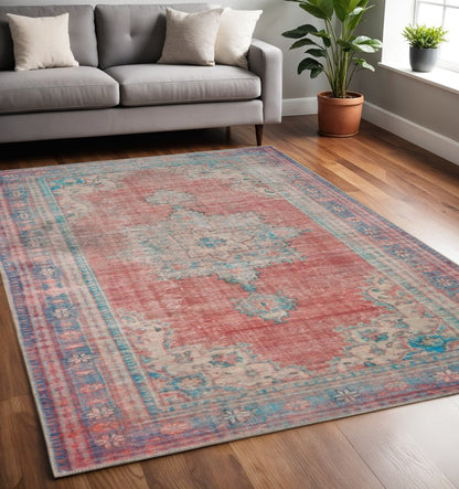 5' X 8' Red And Blue Oriental Area Rug