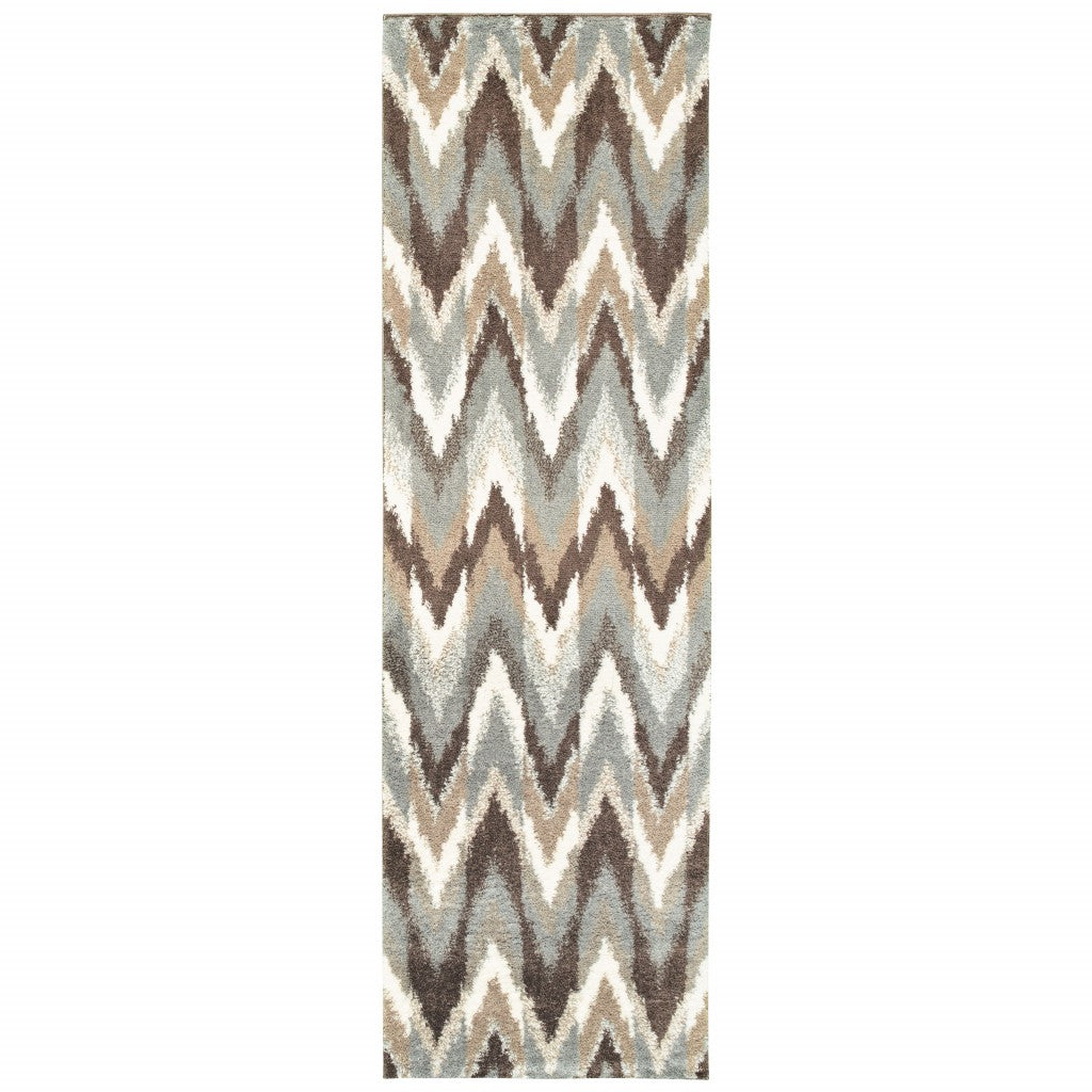 2' X 8' Gray And Taupe Ikat Pattern Runner Rug