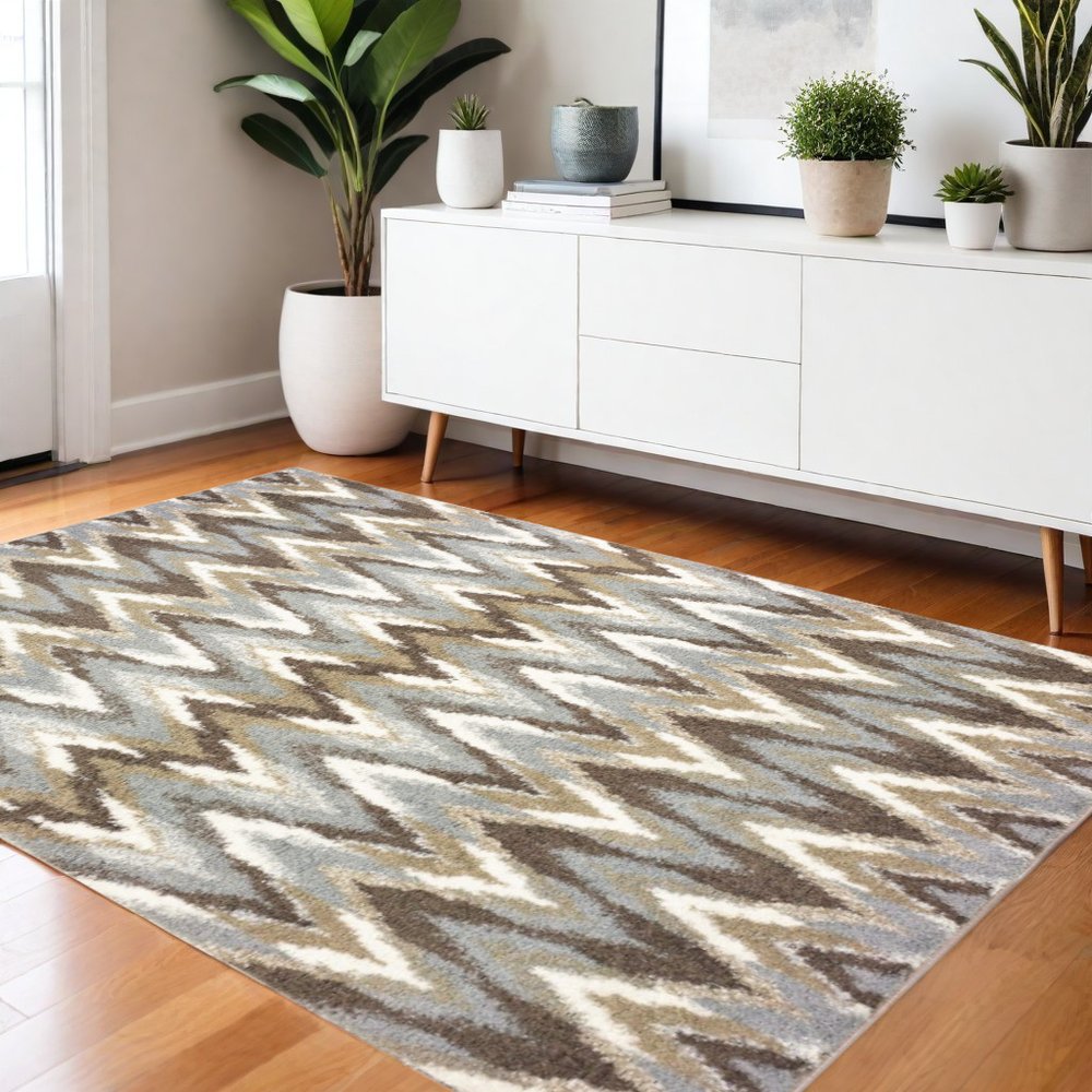 8' X 11' Gray And Taupe Ikat Pattern Area Rug