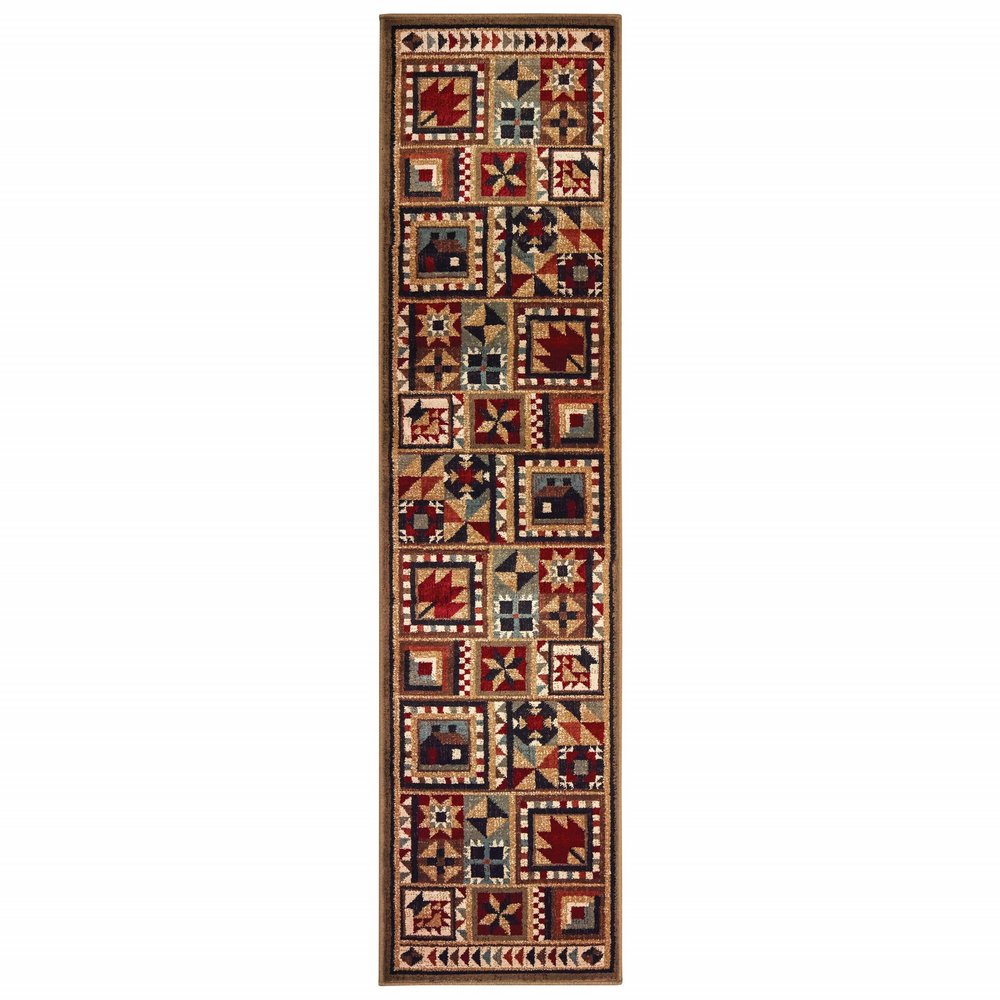 5' X 7' Brown And Red Ikat Patchwork Area Rug