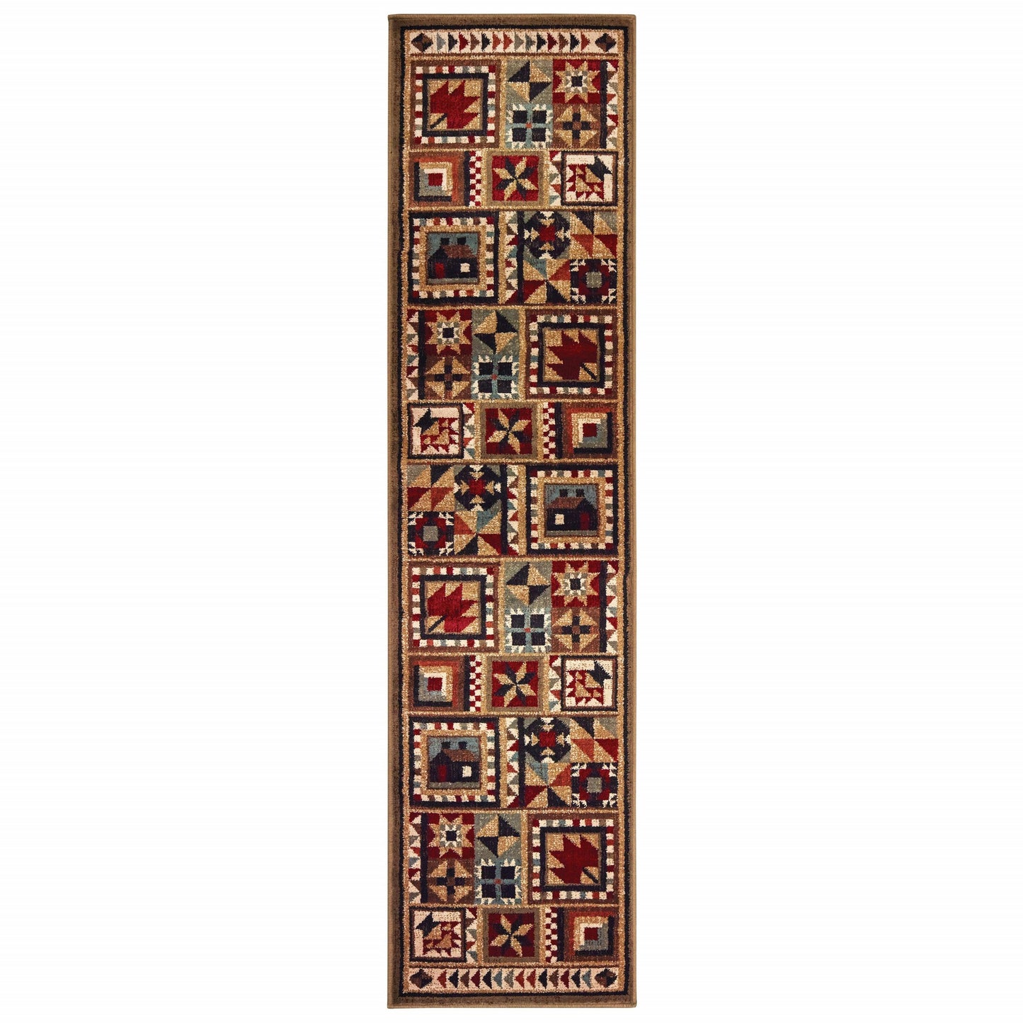 7' X 9' Brown And Red Ikat Patchwork Area Rug