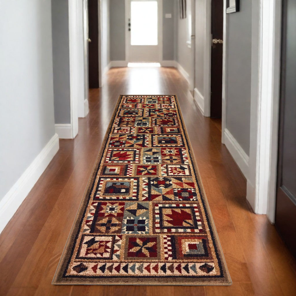 7' X 9' Brown And Red Ikat Patchwork Area Rug