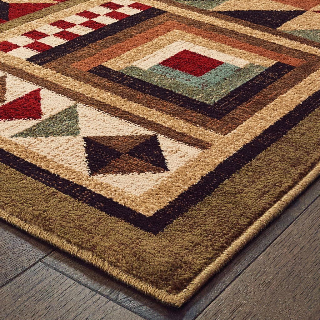 7' X 9' Brown And Red Ikat Patchwork Area Rug