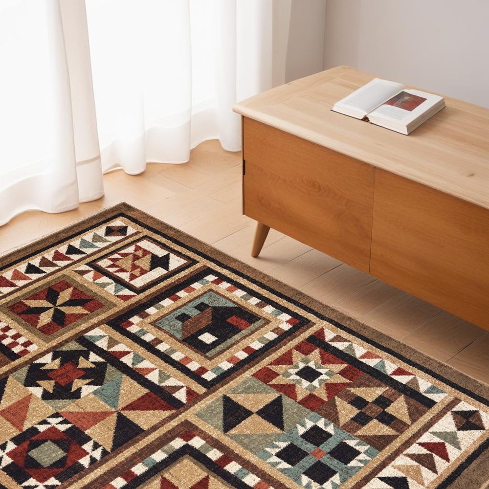 5' X 7' Brown And Red Ikat Patchwork Area Rug